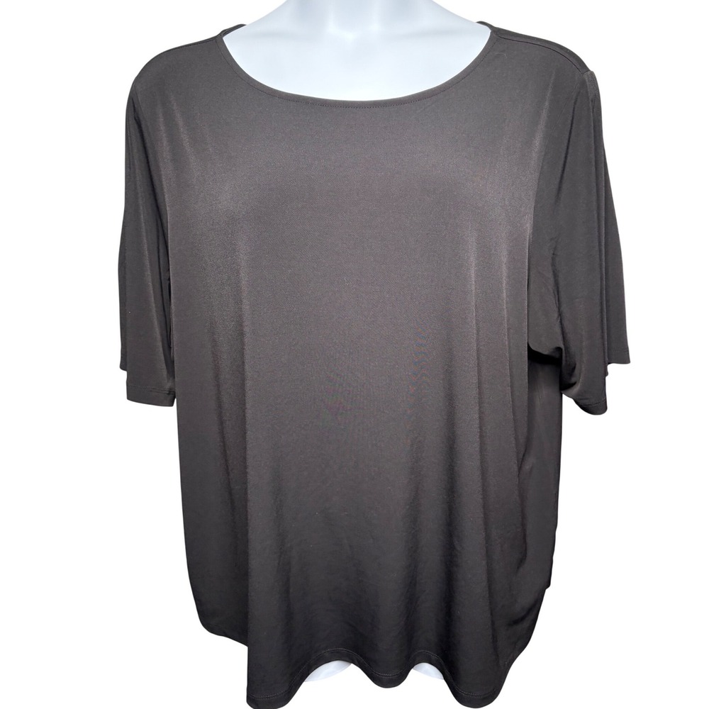 SUSAN GRAVER Womens Black Liquid Knit Short Sleeve T-Shirt 3X Minimalist Drapey